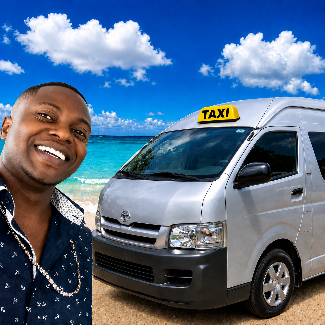 Shel's Express driver standing next to a silver taxi van on a St. Martin beach